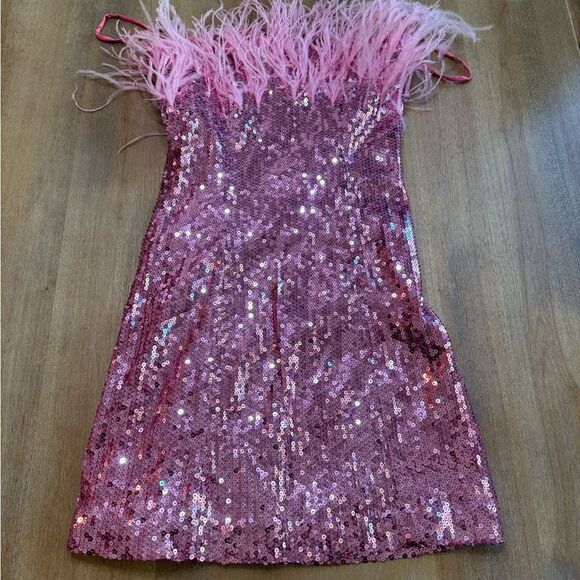 Anthropologie Audrey Adele Pink Feather Sequin‎ Mini Dress XS - Picture 7 of 16